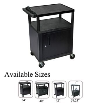 Luxor Endura Black 3-Shelf A/V Utility Cart with Cabinet featuring a sturdy black frame, three shelves, a locking cabinet, and rolling wheels, displayed with various size options.