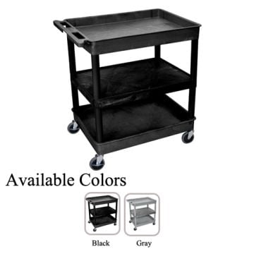 Luxor Large Top/Bottom Tub and Middle Flat Shelf Utility Cart with three-tier shelving, sturdy black construction, and rolling caster wheels, available in black and gray color options.