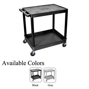 Luxor Large Top Flat and Bottom Tub Shelf Utility Cart featuring a black frame with sturdy wheels, a flat top shelf, and a bottom tub shelf for versatile utility, displayed in black and gray color options.