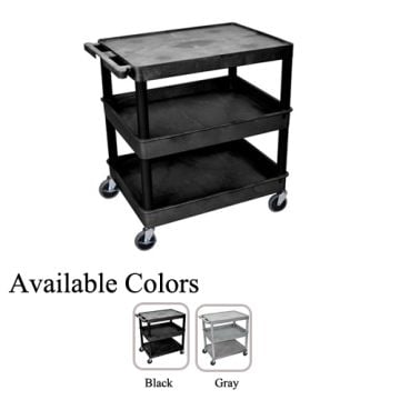 A black Luxor Large Top Flat and Middle/Bottom Tub Shelf Utility Cart with three shelves, rolling casters, and handle, shown in both black and gray color options.
