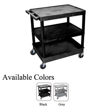 A black Luxor Large Top/Middle Flat and Bottom Tub Shelf Utility Cart with three shelves, sturdy wheels, and a handle, shown alongside color options in black and gray.