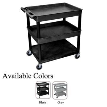A black Luxor Large Top/Middle Tub and Bottom Flat Shelf Utility Cart with three shelves and four caster wheels, shown with available colors in black and gray.