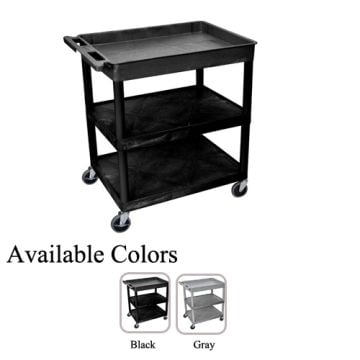 A black Luxor Large Top Tub and Middle/Bottom Flat Shelf Utility Cart with three tiers and swivel caster wheels, displayed with options for black and gray color variations.