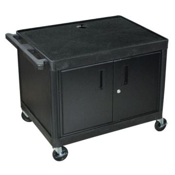 A Luxor Endura 27" High Black 2-Shelf A/V Utility Cart with Cabinet, featuring a durable black frame, lockable doors, and swivel casters for mobility.