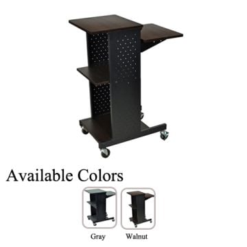 Luxor PS4000 Presentation Workstation with Steel Frame, featuring a dark walnut finish, three shelves, and a durable perforated steel frame on caster wheels, displayed in gray and walnut color options.