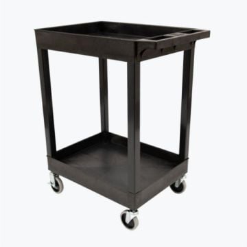 A black Luxor 2-Shelf 24" x 18" Tub Plastic Utility Cart with an open-frame design, two deep shelves, and four swivel casters for mobility.
