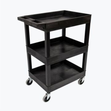 A black Luxor 3-Shelf 24" x 18" Tub Plastic Utility Cart with three deep shelves, sturdy construction, and four swivel casters on a plain white background.