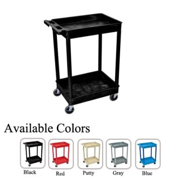 Luxor STC11 37.5" High 2-Shelf Tub Utility Cart in black with swivel casters, shown alongside five color options: black, red, putty, gray, and blue.