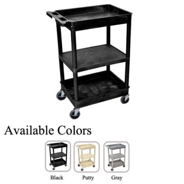 A black Luxor STC121 Top/Bottom Tub and Middle Flat Shelf Utility Cart with three shelves, swivel casters, and additional available colors in putty and gray shown below.