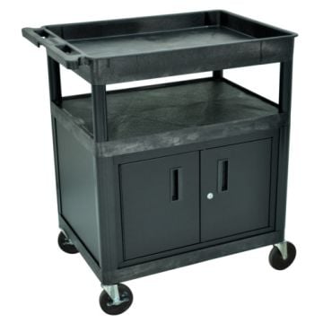 A black Luxor TC122C-B utility cart featuring a large top tub shelf, a middle flat shelf, and a bottom cabinet with locking doors, designed with four swivel caster wheels for mobility.