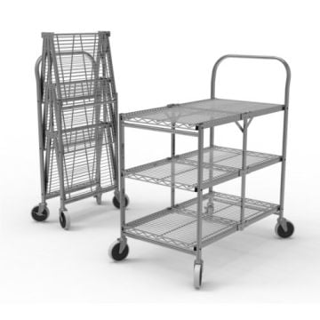 Luxor Three-Shelf Collapsible Wire Utility Cart shown in both its fully assembled state with three wire shelves and its compact folded form, featuring a sturdy metal frame and smooth-rolling caster wheels.