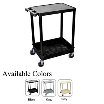 Luxor Top Flat and Bottom Tub Shelf Utility Cart in black with a sturdy two-shelf design, caster wheels, and available color options displayed as black, gray, and putty.