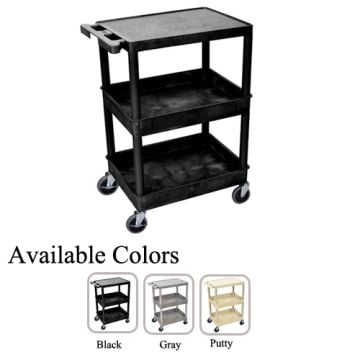 Three-tier "Luxor Top Flat and Middle/Bottom Tub Shelf Utility Cart" in black, featuring a flat top shelf and two tub-style lower shelves, with rolling casters and available color options of black, gray, and putty displayed below.