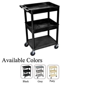 A black Luxor Top/Middle Tub and Bottom Flat Shelf Utility Cart with three shelves, four swivel casters, and available in black, gray, or putty colors.