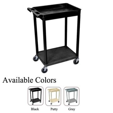Luxor Top Tub and Bottom Flat Shelf Utility Cart featuring a black two-shelf design with swivel casters, shown alongside additional color options in putty and gray.