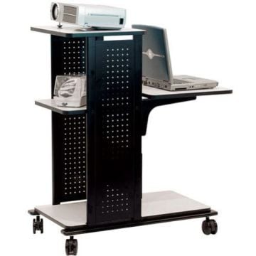 A H. Wilson WPS4E Mobile Presentation Station with 4 Shelves featuring a black metal frame, perforated panels, and white shelves, holding a projector, laptop, and other equipment on caster wheels for mobility.