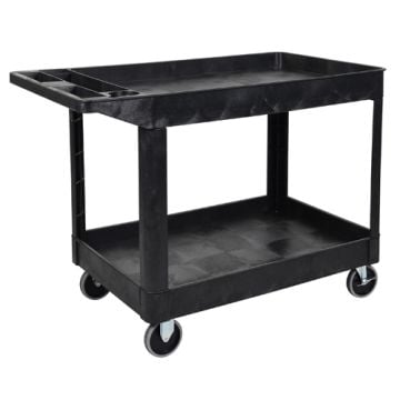 A Luxor XLC11-B Black Two-Shelf Heavy-Duty Utility Cart with a sturdy black plastic frame, two spacious shelves, and four swivel casters for mobility.