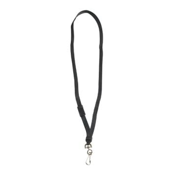 A black Breakaway Flat Woven Lanyard with an adjustable slider and a metal swivel hook attachment.