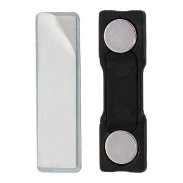 Two MAGNALITE Magnetic Badge Findings, one featuring a sleek metal plate with adhesive backing and the other showcasing a black plastic holder with two visible circular magnets.