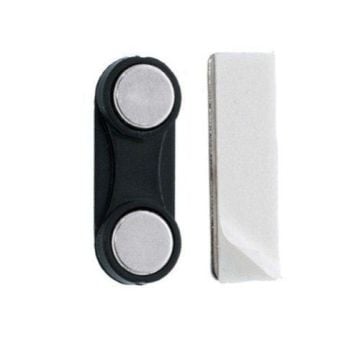 Two MAGNAMINI Magnetic Badge Findings, one with a black plastic base and two circular silver magnets, and the other a slim rectangular adhesive backing strip.