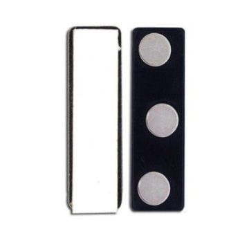MAGNATRIO Magnetic Badge Findings featuring a black rectangular strip with three circular magnets alongside a white adhesive-backed rectangular plate.