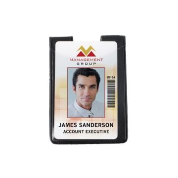 A professional ID card featuring a headshot, name, title, and barcode displayed within a Magnetic Single Pocket Vertical Badge Holder With Thumb-notch.