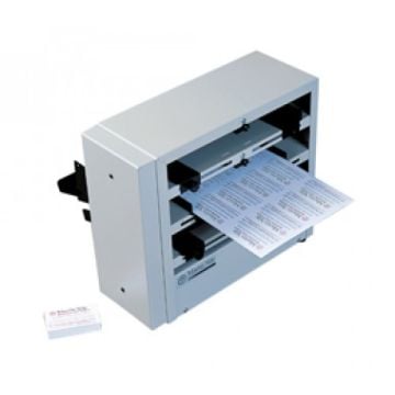 Martin Yale BCS410 10up Business Card Slitter machine processing sheets of business cards for precise cutting.