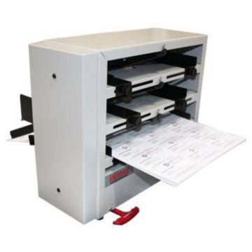 Martin Yale BCS412FB 12up Business Card Slitter - Score/Perf/Flipbooks machine in action, precisely cutting a sheet into individual business cards.