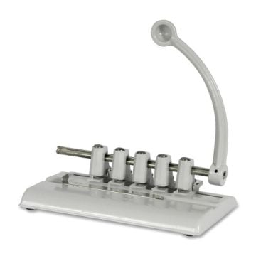 A white, manual hole punch device with a curved handle, identified as the Master 525M Hole Punch by Martin Yale, featuring multiple punch heads and a sturdy base for creating clean, precise holes in paper.