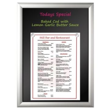 MasterVision 18" x 24" Black Magnetic Wet Erase Click Board and Sign Holder displaying a restaurant menu and daily special.