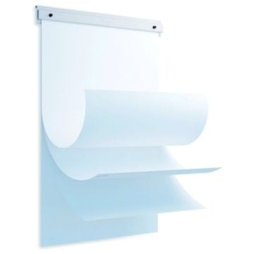 A MasterVision Easel Pad Holder for Tile Whiteboards with a sleek, minimalist design, featuring a white mount and layered pads for efficient note-taking.