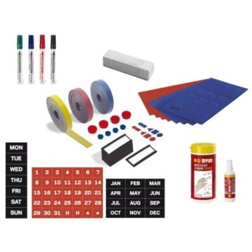 MasterVision Professional Magnetic Accessory Kit for Planner Boards, featuring markers, magnetic strips, date tiles, and cleaning supplies for organizing and maintaining planning boards.