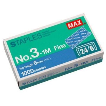 A box of Max 3-1M 1/4" Heavy Duty Staples for HD-3DF, containing 1,000 fine leg length 6mm staples.