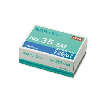 A box labeled "Max 35-5M Standard Staples for HD-50DF," containing 5000 staples sized 26/6.