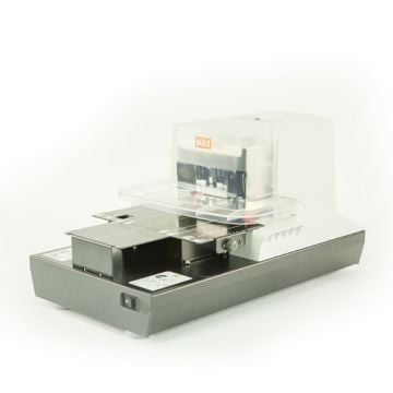 A Max EH-110F Flat Clinch Heavy Duty Electric Stapler with a clear plastic cover and a sleek, modern design.