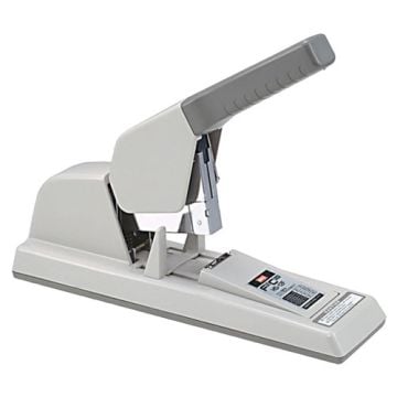 A Max Heavy Duty 30 to 150 Sheet Flat Clinch Stapler with a gray handle and a white base, designed for high-capacity stapling tasks.