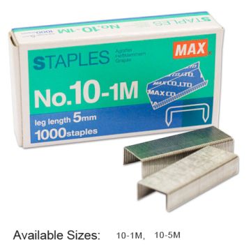 A box of Max Staples for HD-10FL, showing the No.10-1M size with 1,000 staples and a leg length of 5mm.