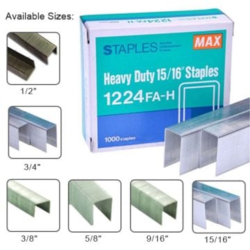 Showing different sizes of Max Staples For The HD-12N Series and HD-12F, with a box of Heavy Duty 15/16" Staples (1224FA-H) in the background.