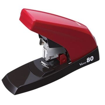 A Max Vaimo 80 Heavy Duty Red Flat Clinch Stapler with a sleek black base and red top, designed for efficient and strong stapling.
