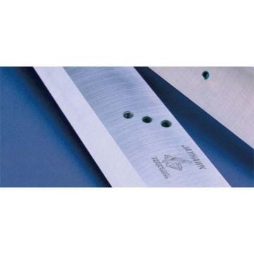 Close-up image of the MBM 25-1/2" High Speed Steel Replacement Blade for Triumph 6550 and 6660 Cutters, featuring a sharp, durable edge and pre-drilled holes for precise fitting.