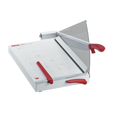 An MBM Triumph 1046 18" Tabletop Paper Cutter with a sturdy design, red safety features, and a clear cutting guide.
