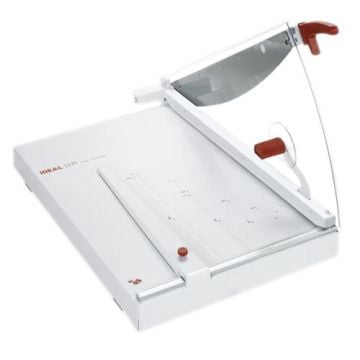 MBM Triumph 1171 28.5" Tabletop Paper Cutter with a large cutting blade and a white base featuring measurement guides.