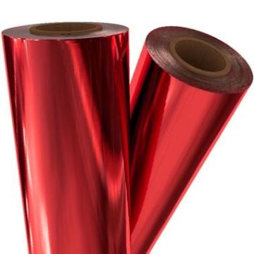 Two rolls of Medium Red Metallic Toner Fusing/Sleeking Foil - 3" Core, featuring a shiny, reflective surface ideal for high-quality printing finishes.