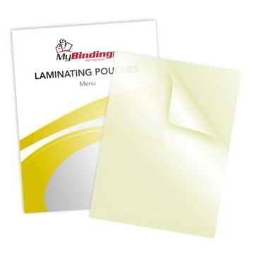 Transparent Menu Size Sticky Back Laminating Pouches with a glossy finish, ideal for preserving and displaying documents.