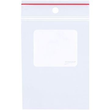 A 4 Mil Minigrip® White Block Reclosable Poly Bag with Hang Holes features a clear plastic surface, a red ribbed top seal for easy opening and closing, and a white block area for labeling, with a top hole for hanging display.