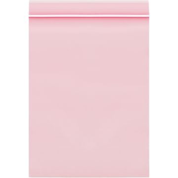 A 4 Mil Minigrip Anti-Static Reclosable Poly Bag is displayed with a smooth pink surface, featuring a ribbed top seal for easy opening and closing and anti-static properties to protect sensitive items.