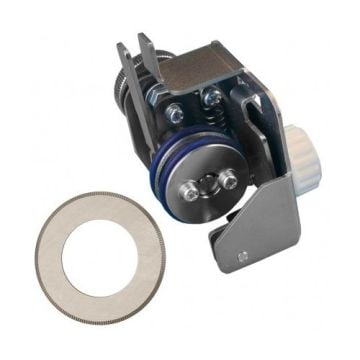 MBM AC0629A Micro-Perforator Add-On for 408A and 508A Paper Folding Machines, featuring a compact metallic design with rollers, a cutting disk, and precision engineering components for paper perforation.