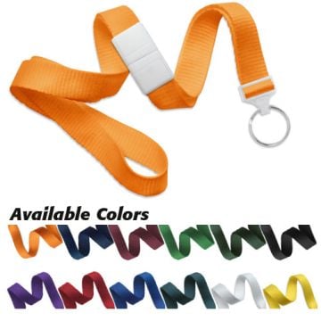 Microweave Break-Away Lanyard with NPS Split Ring in orange, displayed with a detachable white break-away clasp and a keyring attachment, alongside a color palette showcasing multiple lanyard options including black, blue, green, red, and yellow.