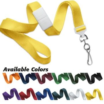 A yellow Microweave Break-Away Lanyard with NPS Swivel Hook is displayed alongside a selection of available colors, including orange, red, purple, blue, green, black, white, and more.