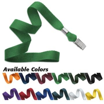 A green Microweave Lanyard with NPS Bulldog Clip displayed in a coiled arrangement, highlighting its ribbed texture and metal clip, with a row of additional color options shown beneath, including yellow, maroon, blue, and black.